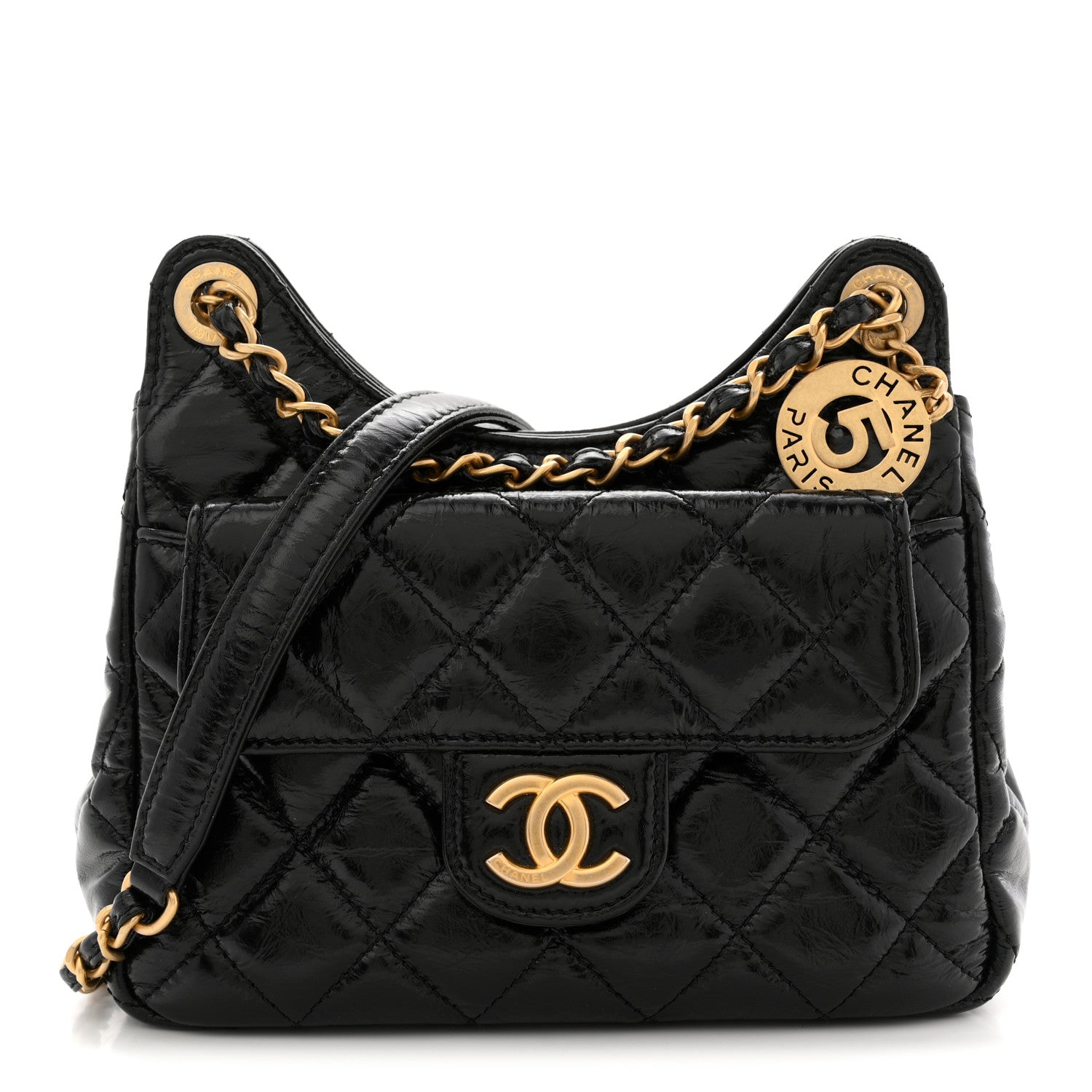 Chanel Shiny Crumpled Calfskin Quilted Small Wavy CC Hobo Black 1 of 11