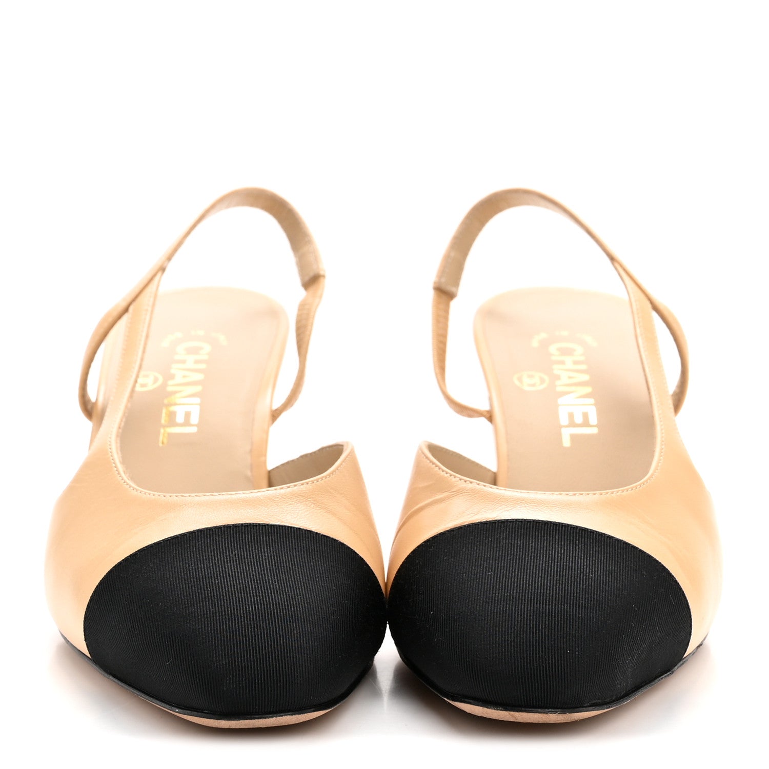 Chanel Goatskin Grosgrain Cap Toe CC Slingback Pumps 38 Beige Black 3 of 11