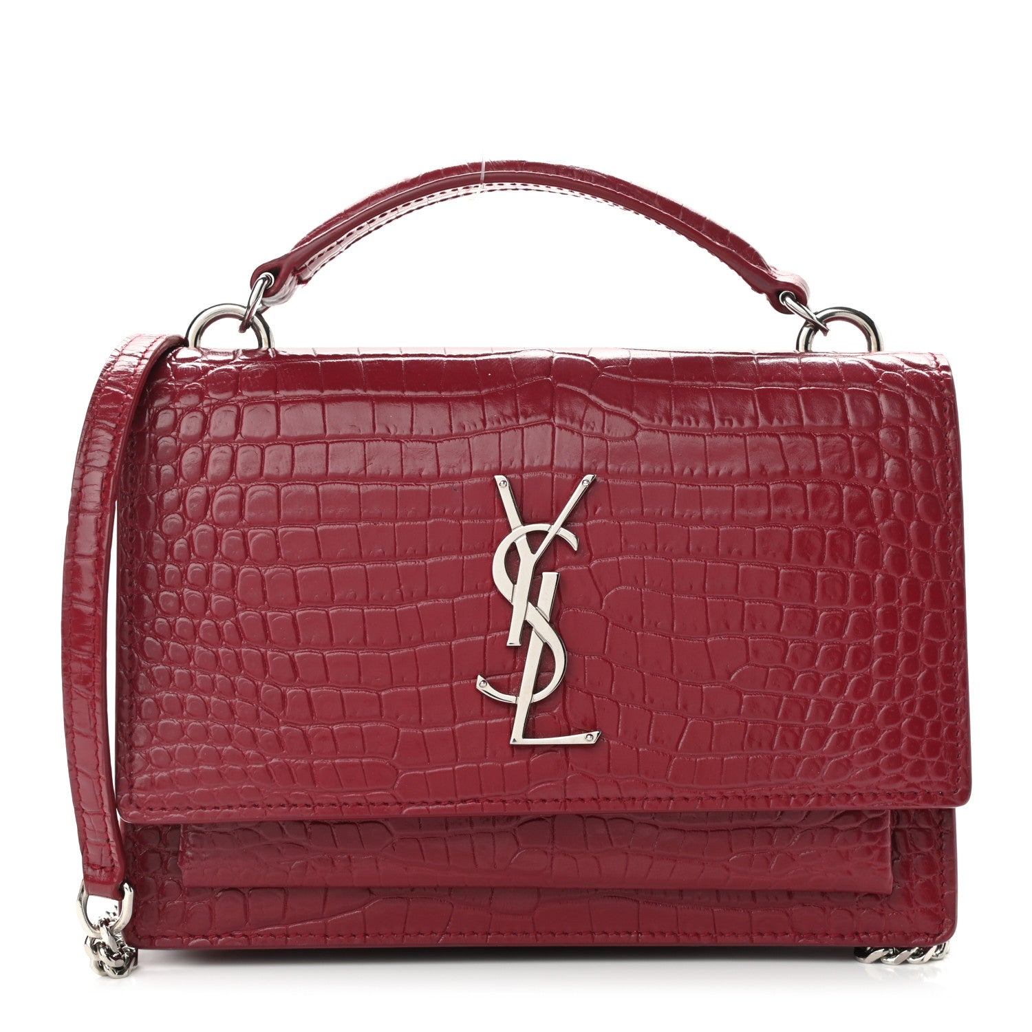 Saint Laurent Calfskin Crocodile Embossed Monogram Sunset Chain Wallet Amaretto 1 of 11