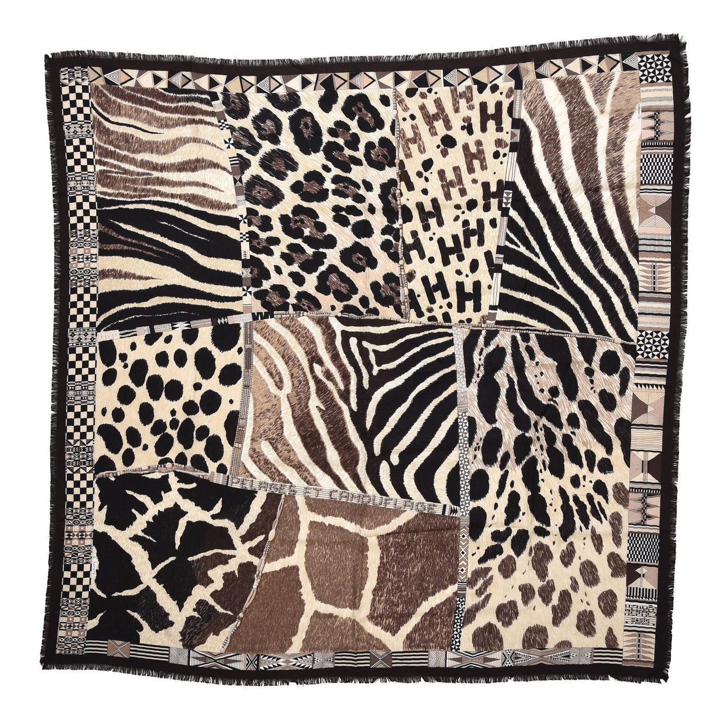 Cashmere Silk Pelages et Camouflage Fringed Scarf 90