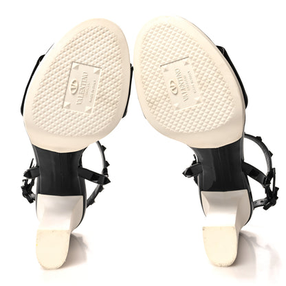 Valentino Garavani Patent Rockstud Block Ankle Strap Sandals 38.5 Black White 5 of 8