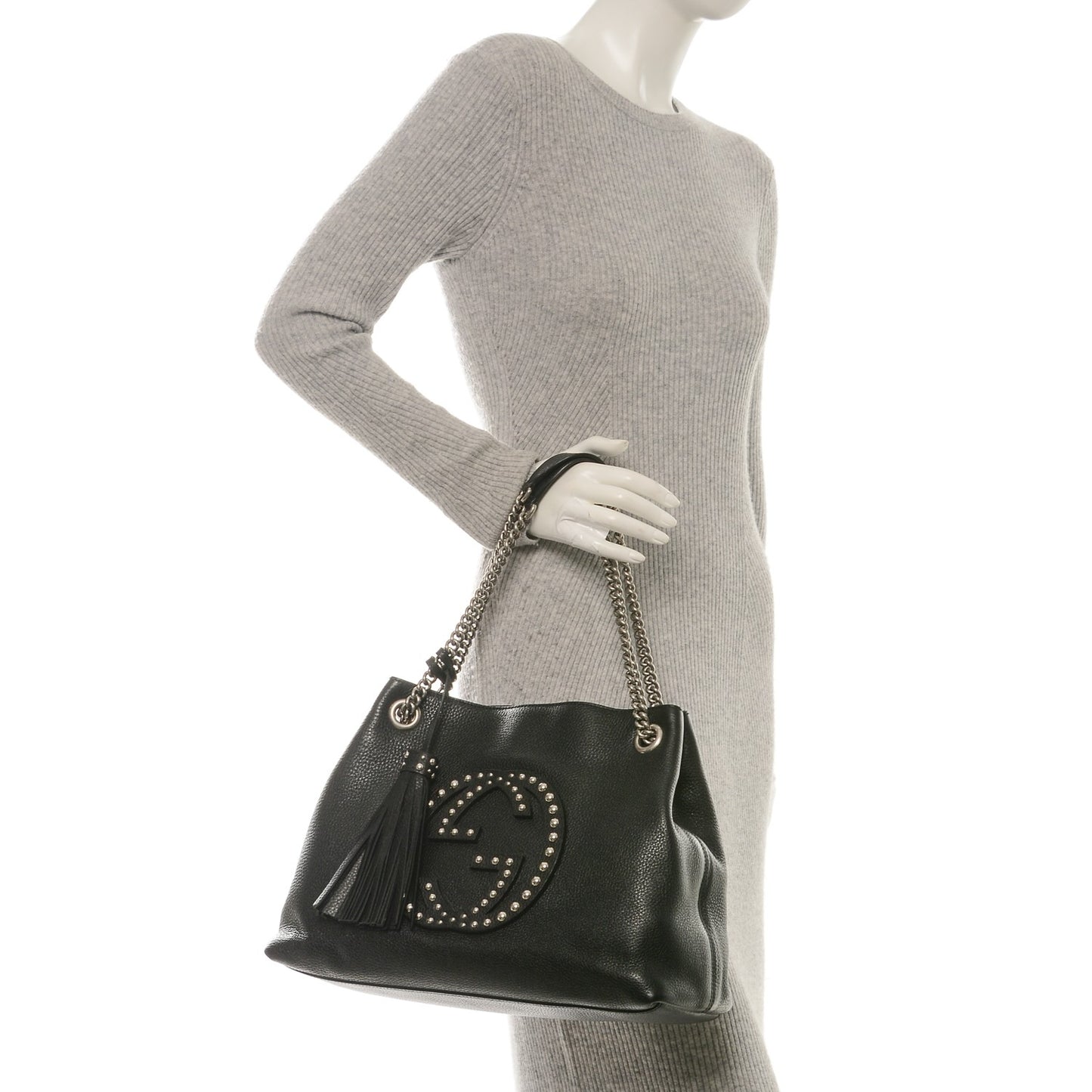 Pebbled Calfskin Studded Medium Soho Chain Shoulder Bag Black