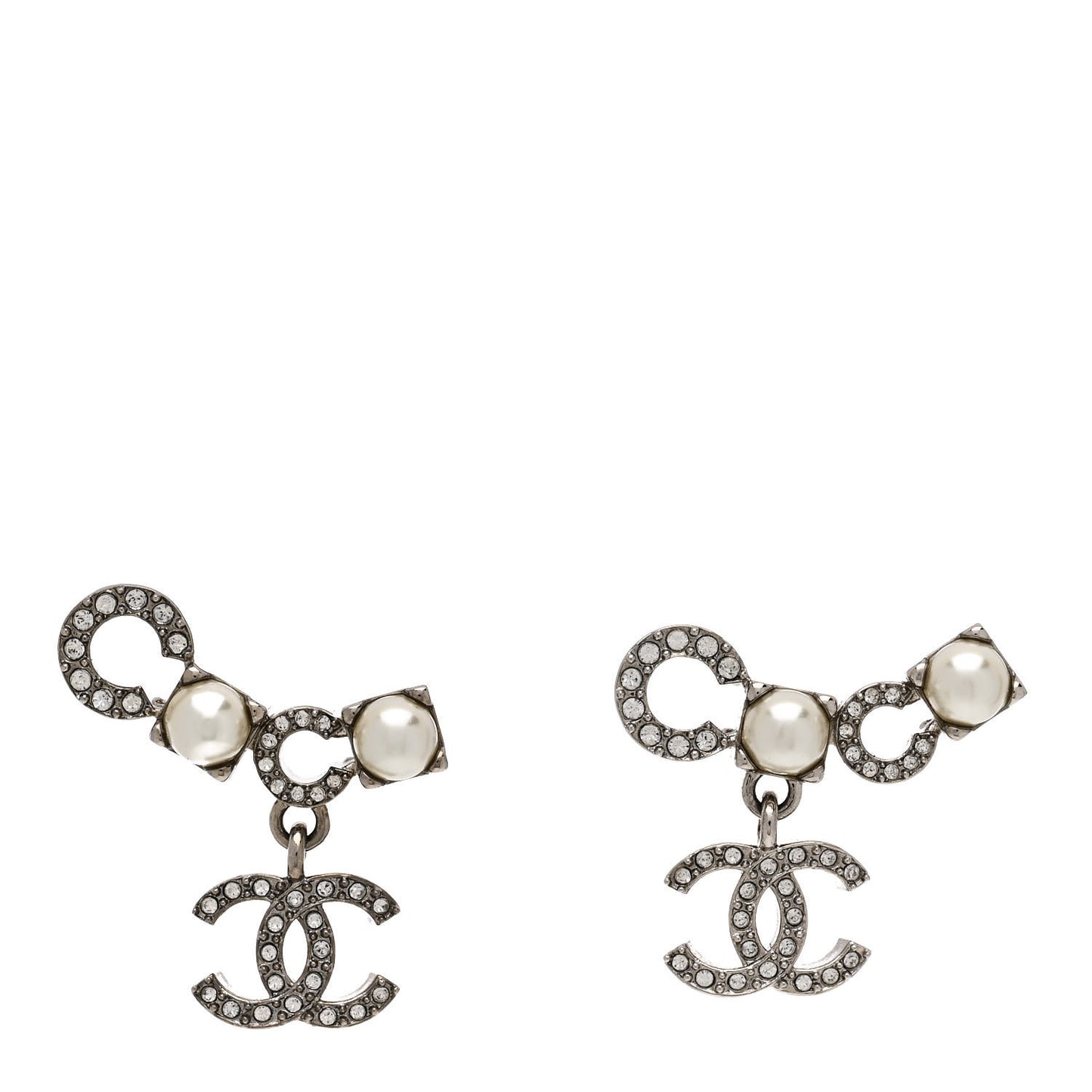 Metal Crystal Pearl Coco CC Earrings Silver