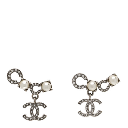 Chanel Metal Crystal Pearl Coco CC Earrings Silver 1 of 5