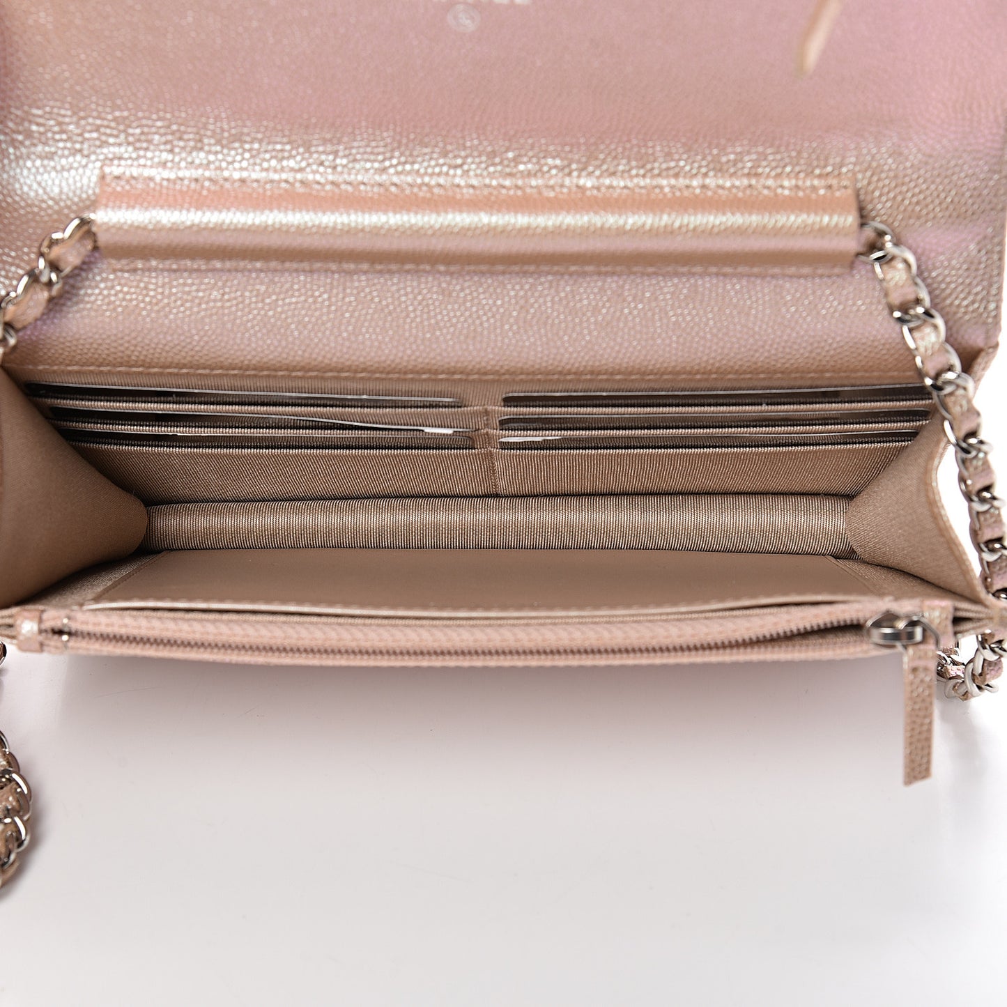 Metallic Caviar Chevron Quilted Wallet On Chain WOC Light Gold