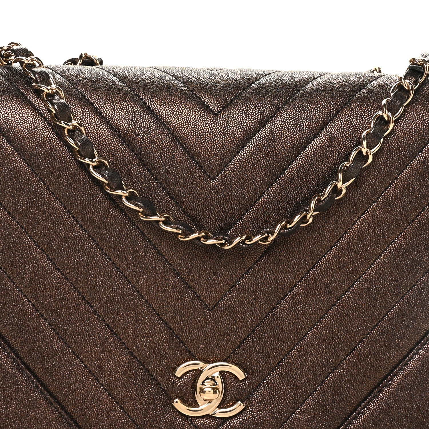 Chanel Metallic Caviar Chevron Quilted Medium Statement Flap Bronze 8 of 10