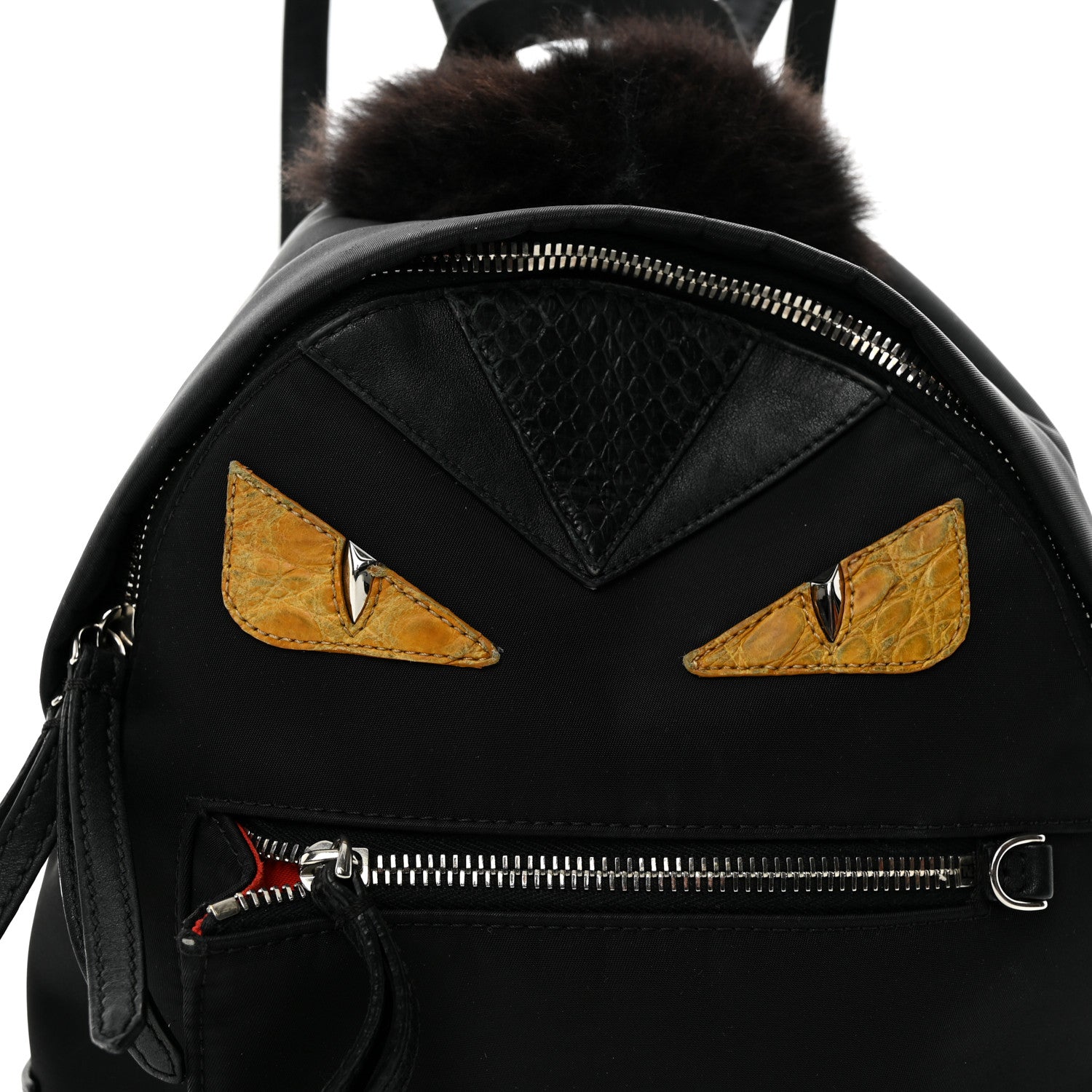Fendi Nylon Vitello Dolce Goat Fox Fur Crocodile Monster Eyes Mini Backpack Black Sunflower 8 of 11
