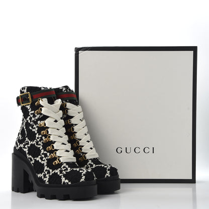 Gucci Tweed GG Monogram Lace Up Combat Ankle Boots 37.5 Black 9 of 9