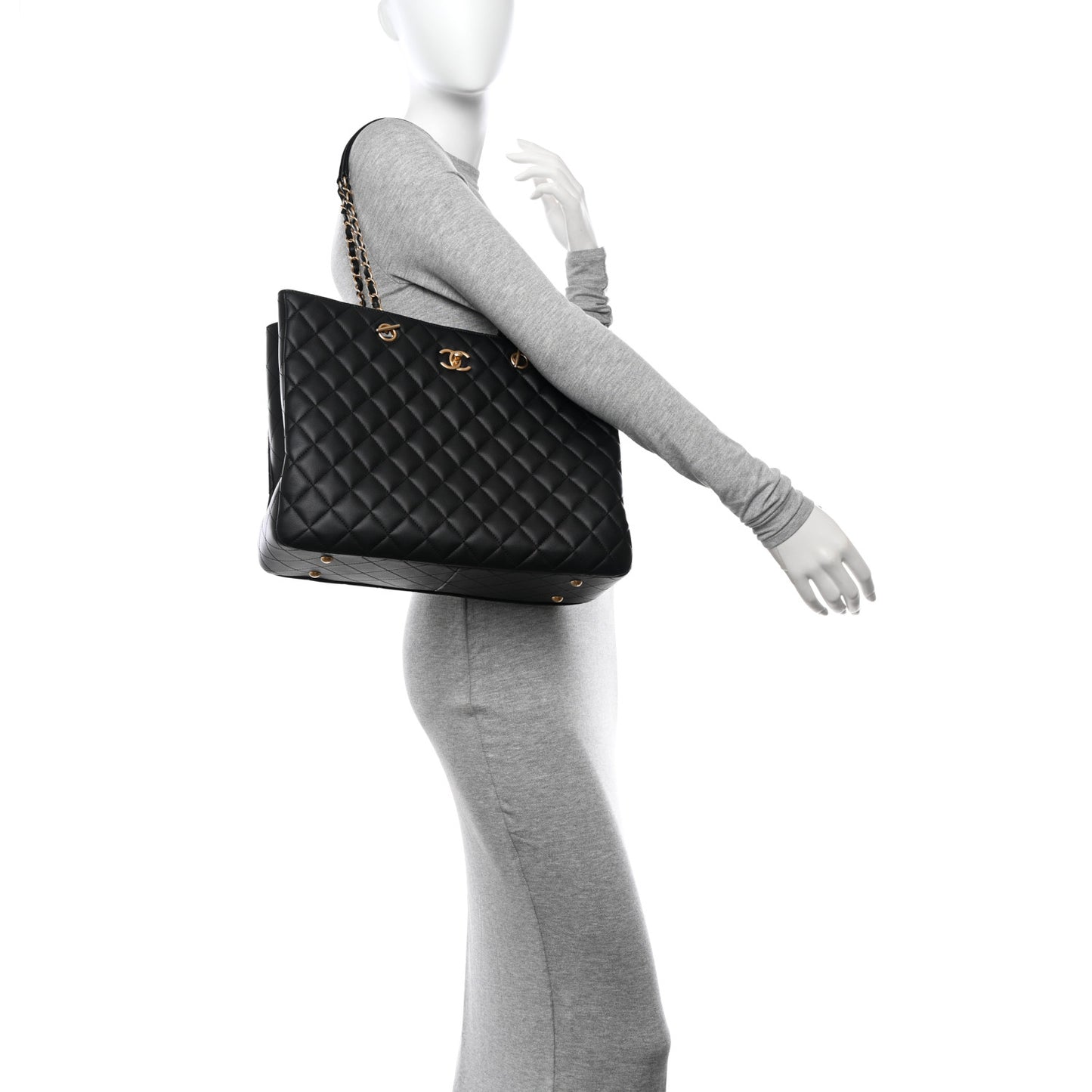 Calfskin Quilted Large Classic Shopping Tote Black