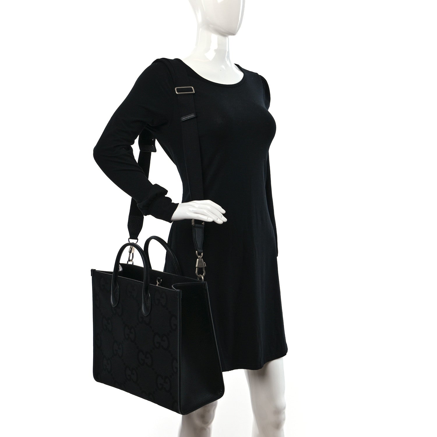 Gucci Monogram Jumbo GG Textured Dollar Calfskin Tote Bag Black 2 of 8