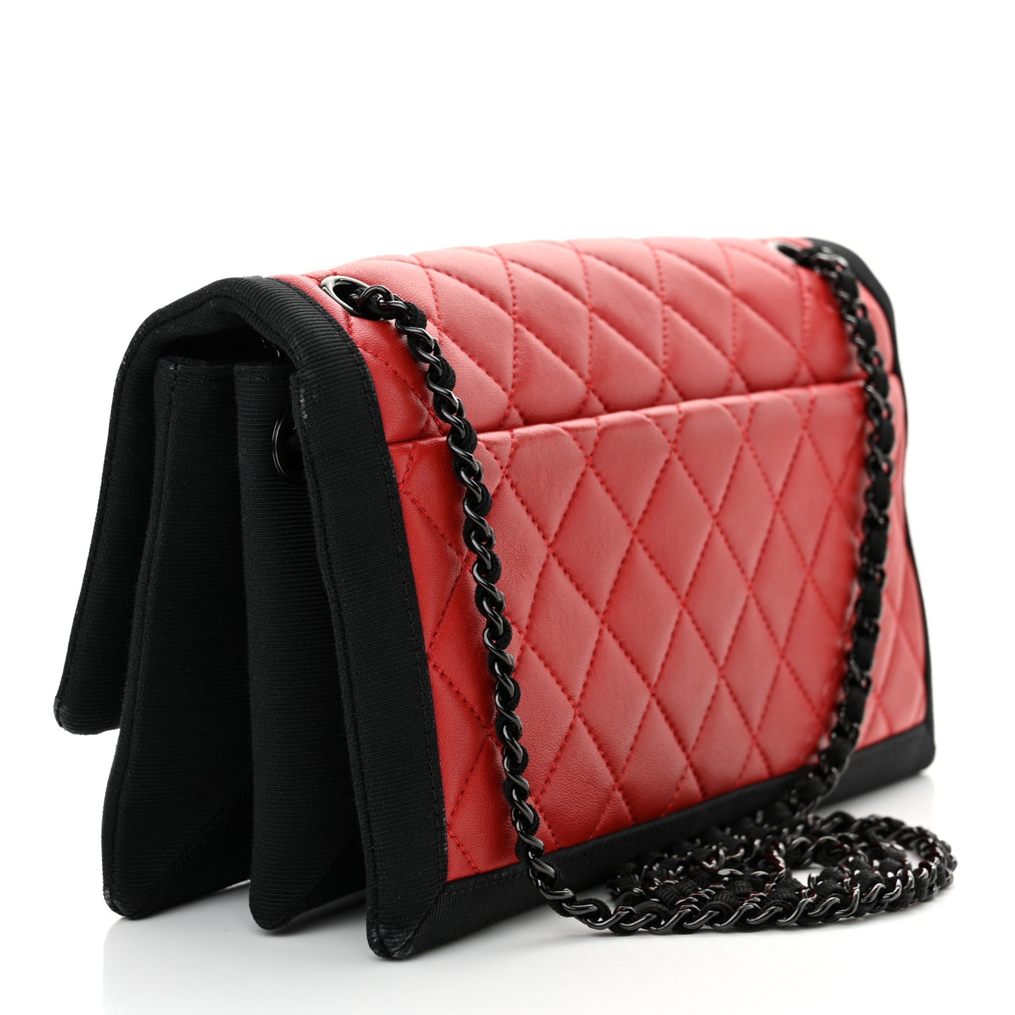 Lambskin Grosgrain Quilted Flap Red Black