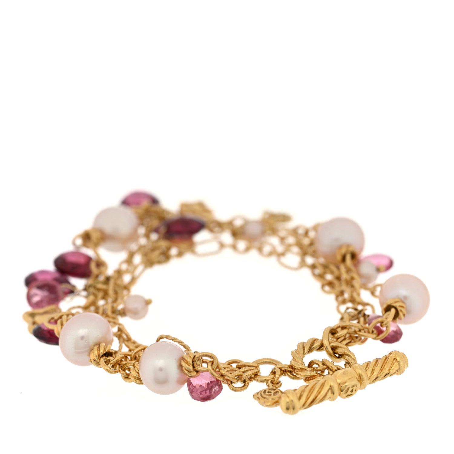 David Yurman 18K Yellow Gold Cultured Pearl Pink Tourmaline Rhodolite 3 Strand Bracelet 2 of 3