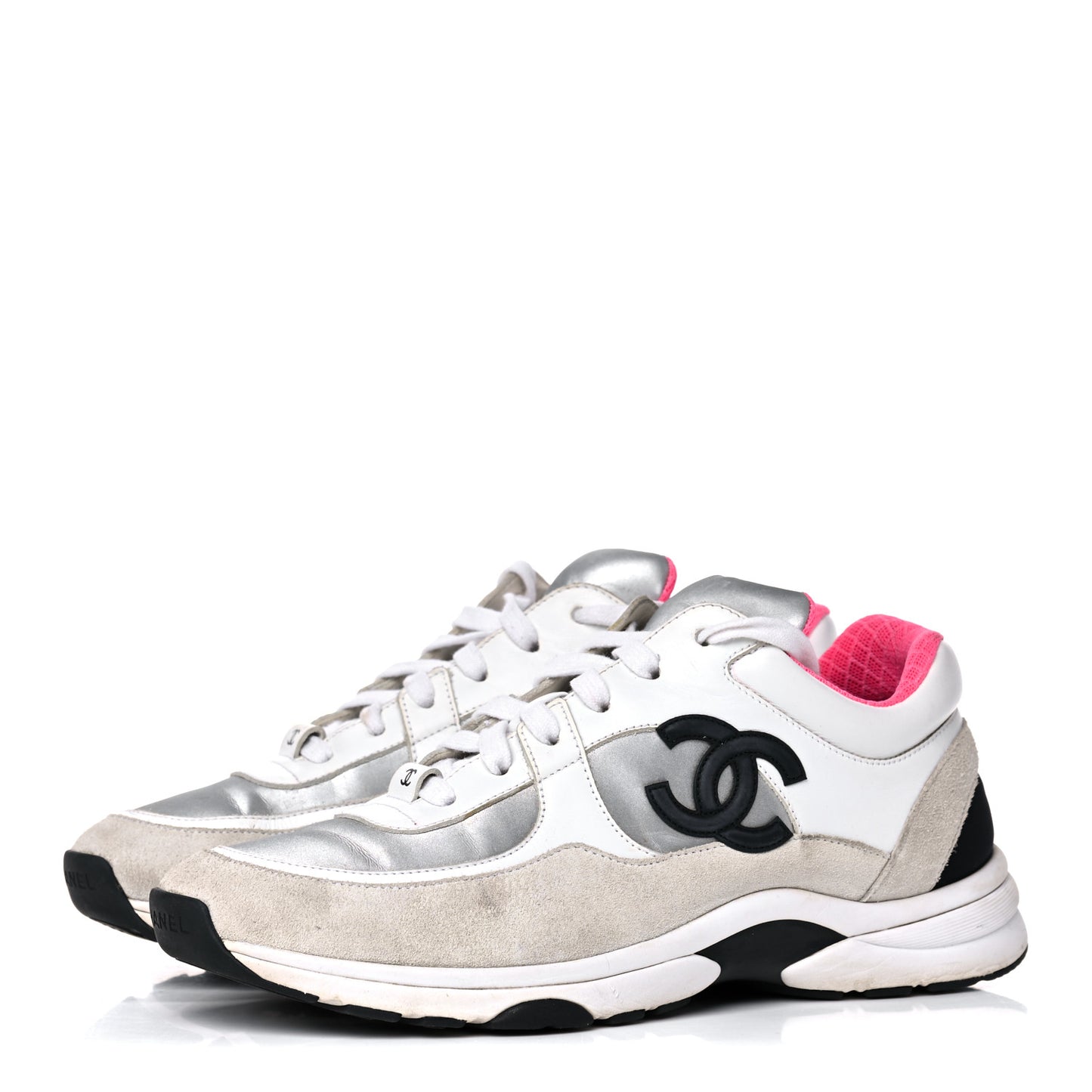 Calfskin Fabric Sneakers 39 White Silver Fluo Pink