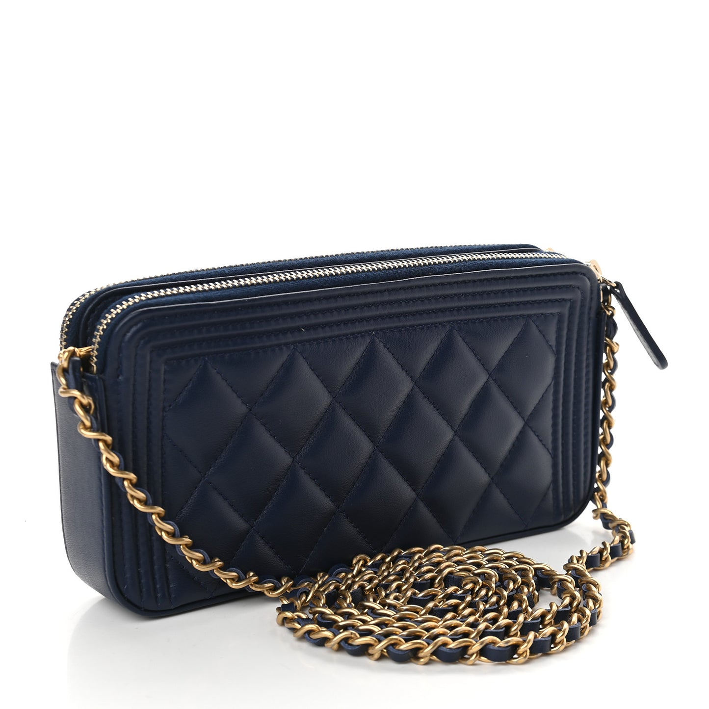 Lambskin Quilted Small Boy Clutch With Chain Navy