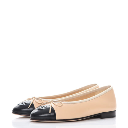Chanel Lambskin Cap Toe Ballerina Flats 35 Beige Black 3 of 9