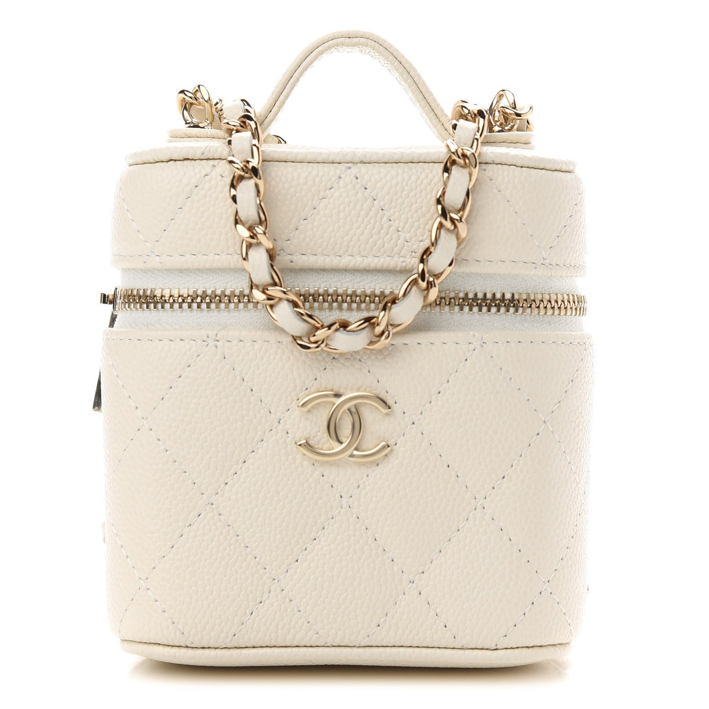 Caviar Quilted Small Handle With Care Vanity Case With Chain White