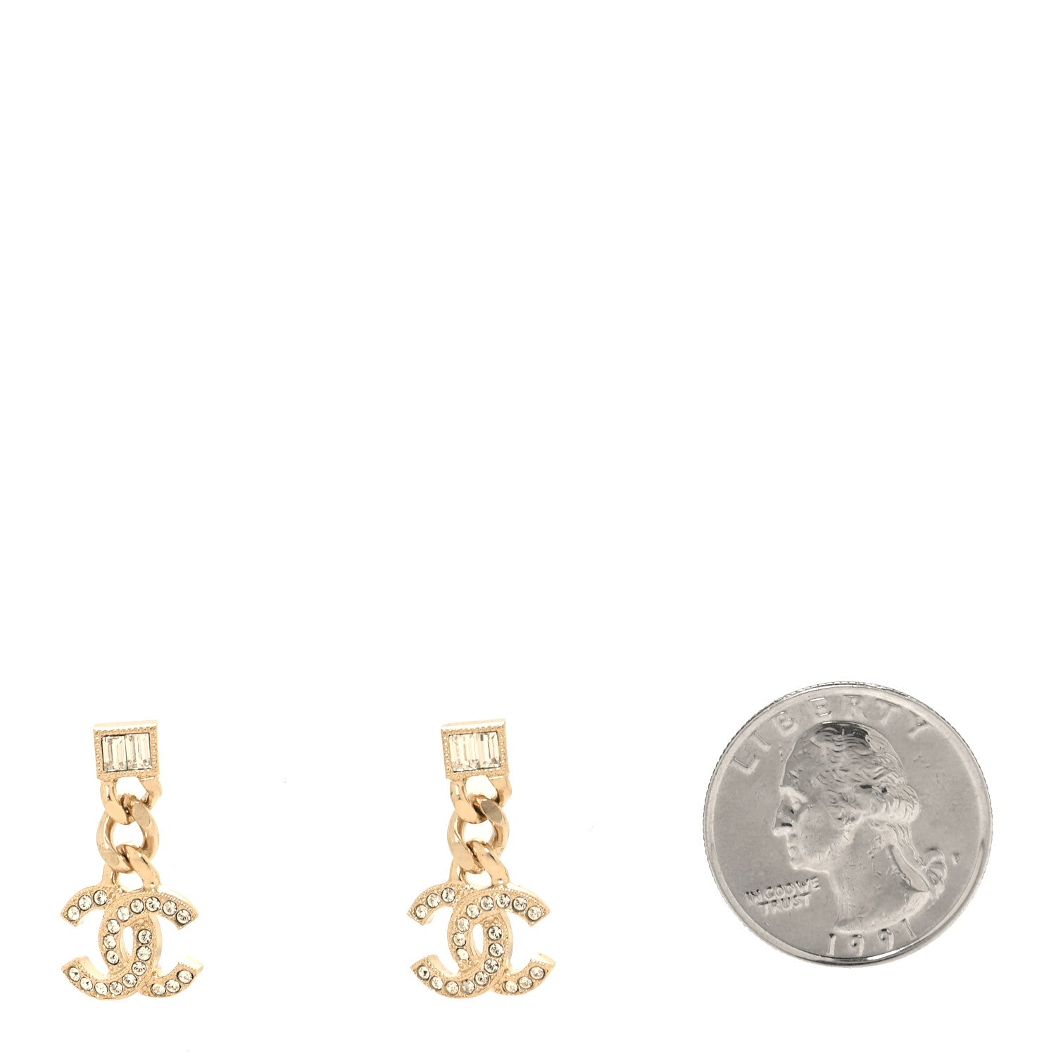 Chanel Metal Crystal Baguette CC Chain Drop Earrings Gold 2 of 5