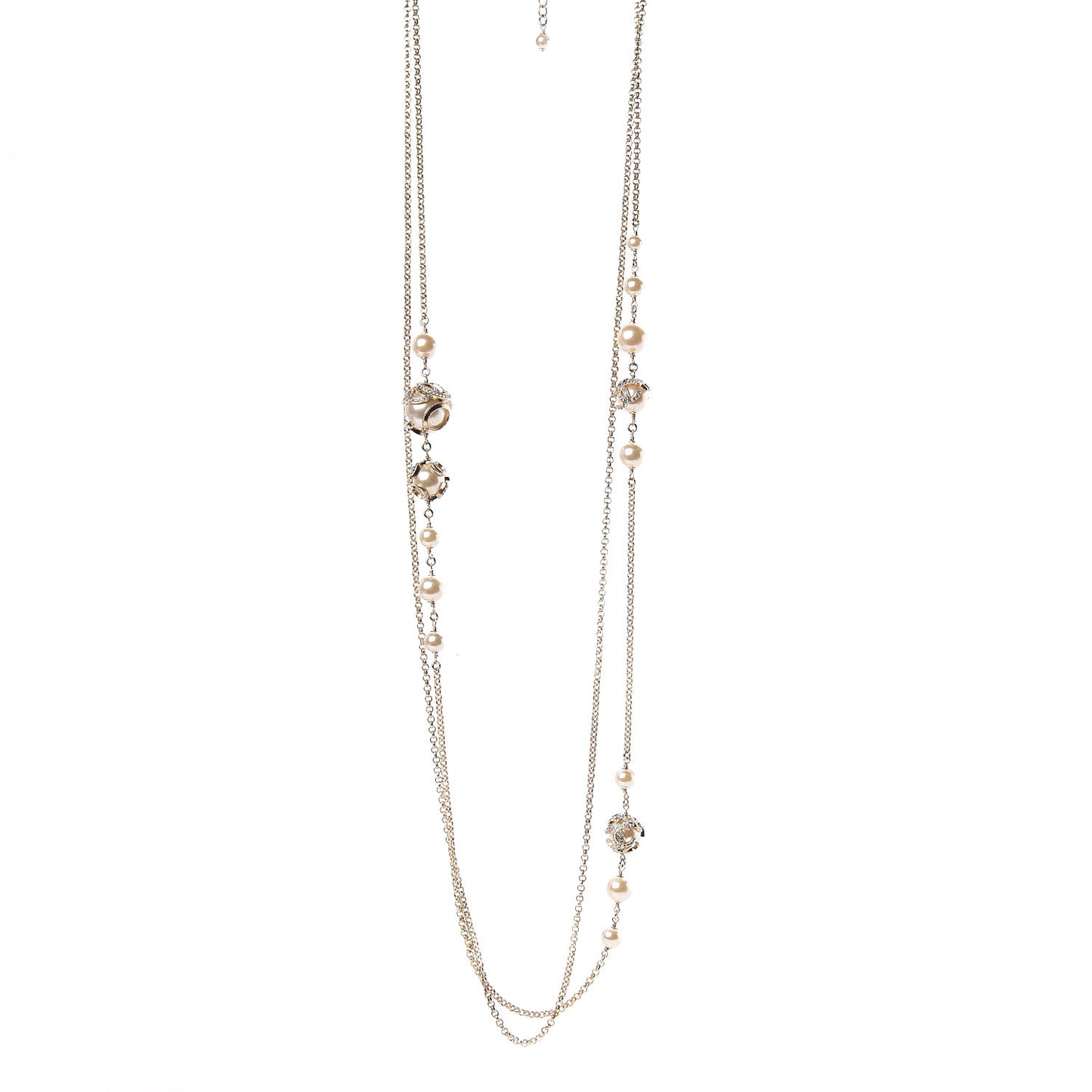 Pearl Crystal CC Long Necklace Gold