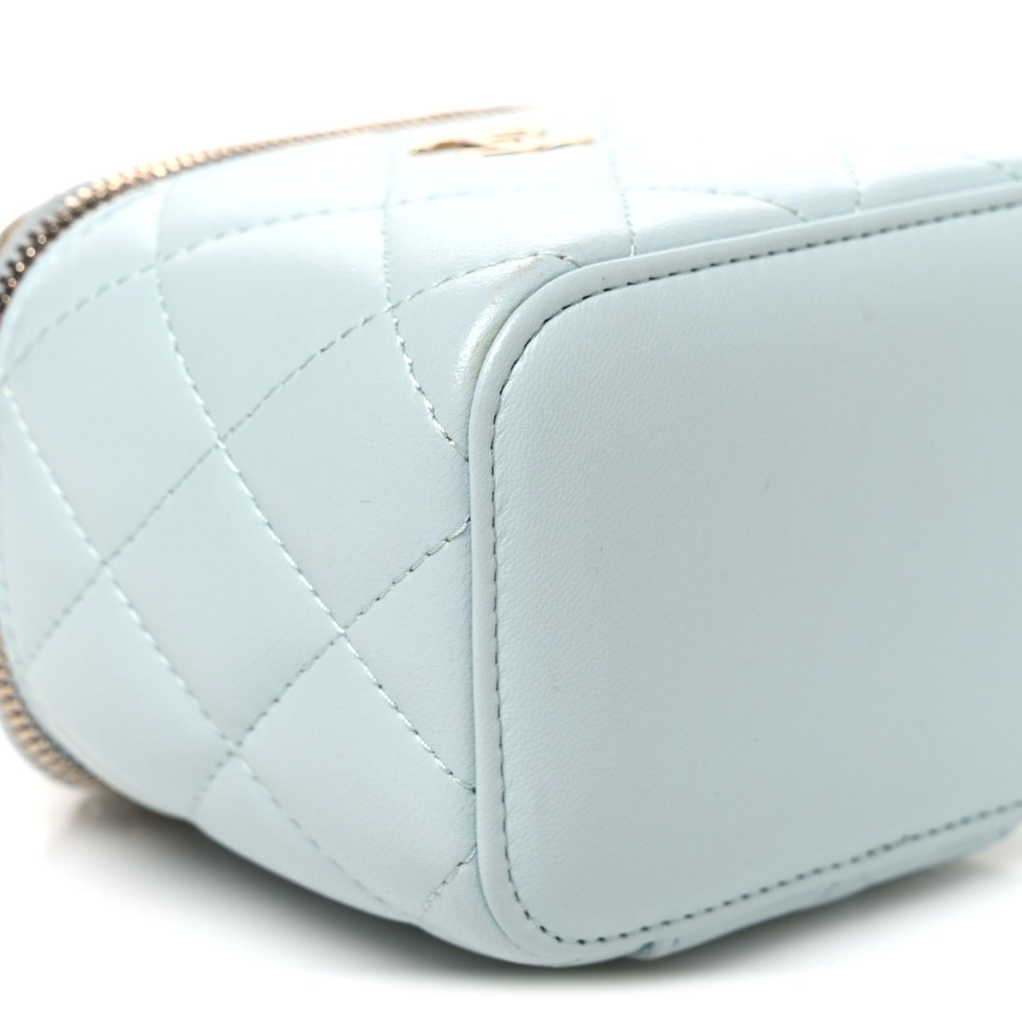 Lambskin Quilted Top Handle Mini Vanity Case With Chain Light Blue