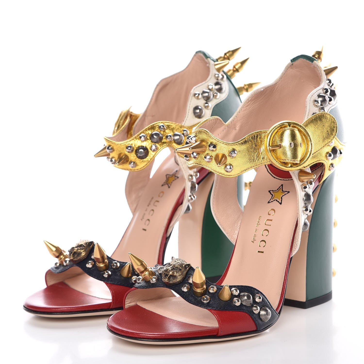 Gucci Metallic Malaga Kid Malin Embellished Studded Sandals 35 Hibiscus Red Blue Gold 3 of 8