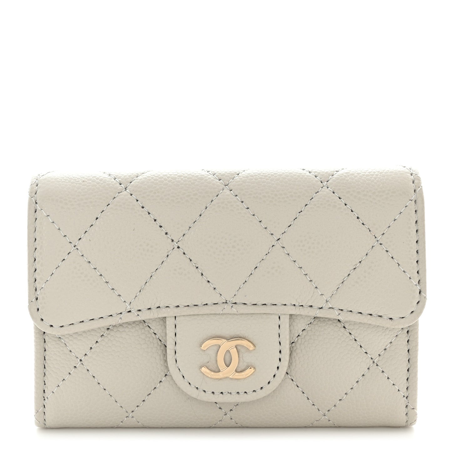 Caviar Quilted Flap Card Holder Wallet Light Grey