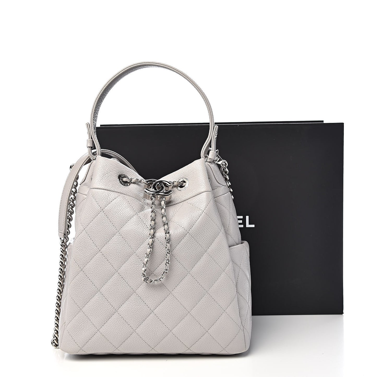 Grained Calfskin Quilted Medium CC Chain Bucket Drawstring Bag Light Grey