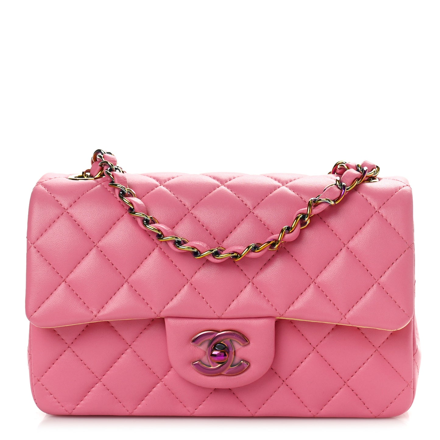 Lambskin Quilted Mini Rectangular Flap Pink Yellow