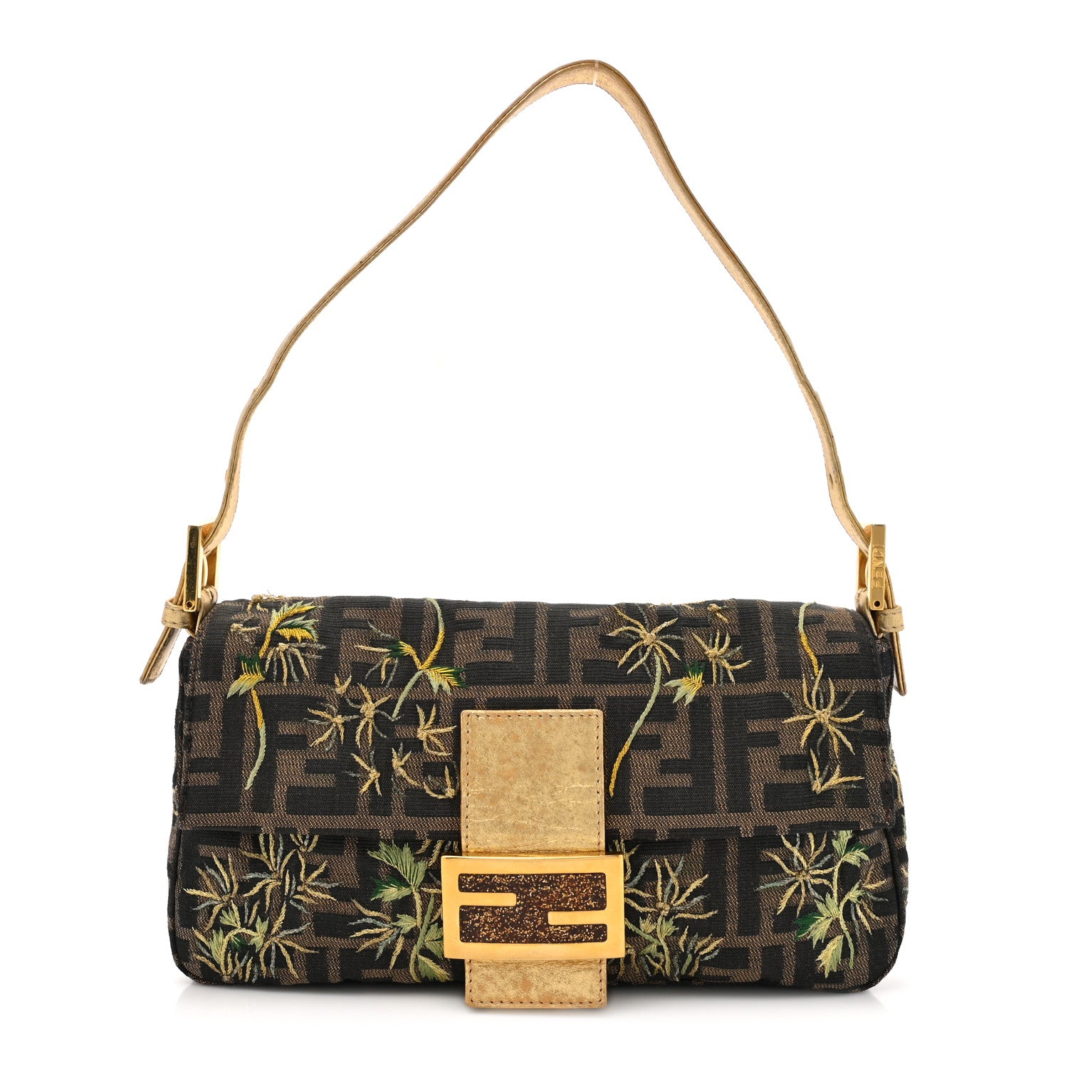Fendi Zucca Floral Embroidered Baguette Tobacco Gold 1 of 14