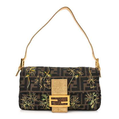 Fendi Zucca Floral Embroidered Baguette Tobacco Gold 1 of 14