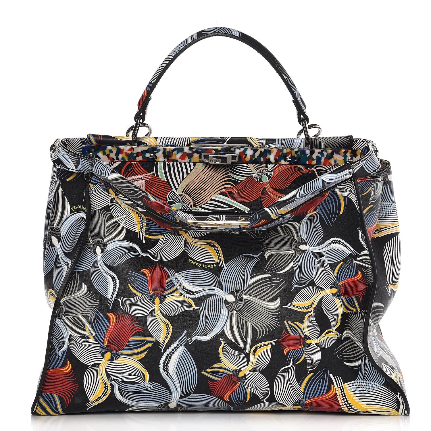 Fendi Calfskin Orchid Large Peekaboo Iconic Satchel Black Multicolor 1 of 8