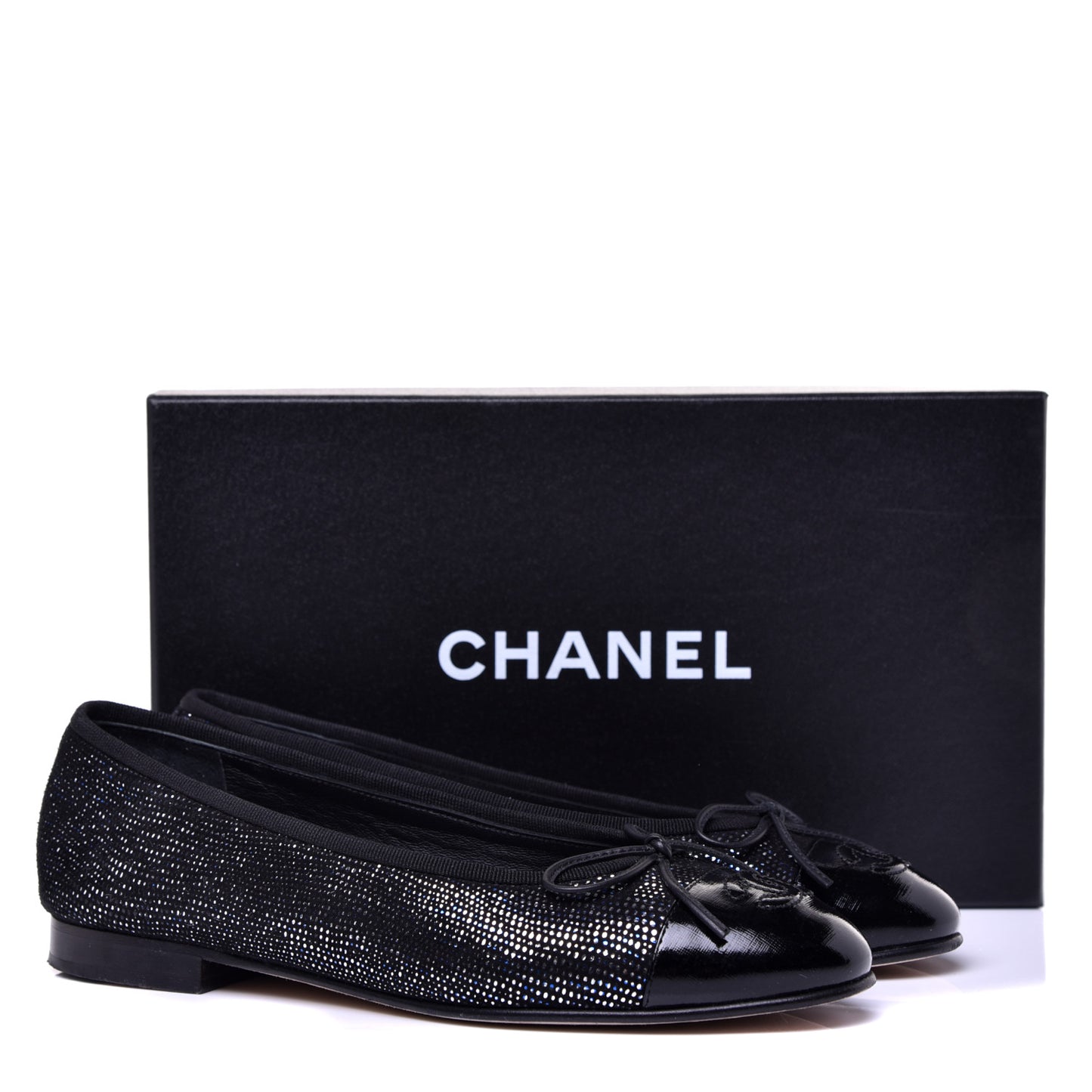 Fantasy Goatskin Patent Calfskin CC Cap Toe Ballerina Flats 36.5 Black Blue