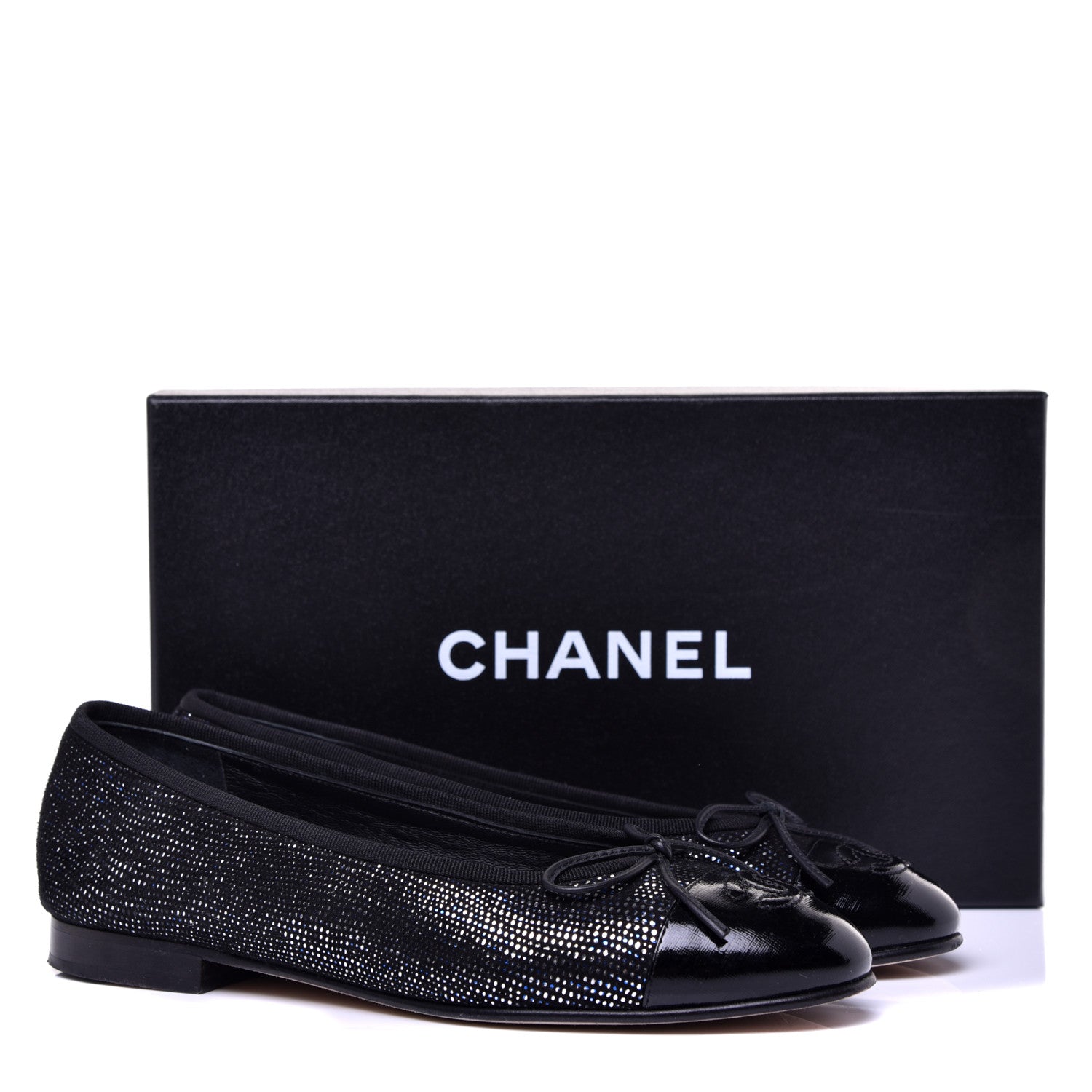 Chanel Fantasy Goatskin Patent Calfskin CC Cap Toe Ballerina Flats 36.5 Black Blue 11 of 11