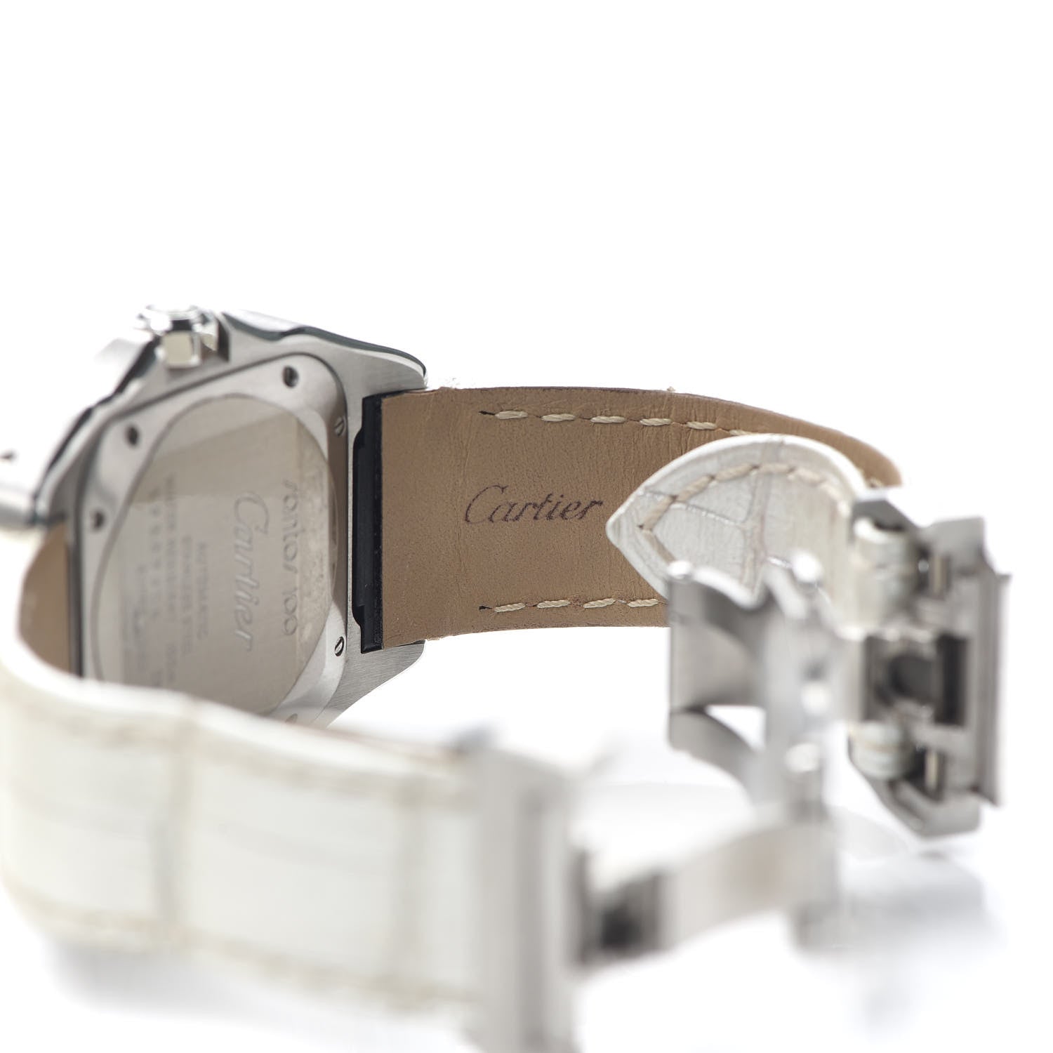 Cartier Stainless Steel Alligator Blue Mother of Pearl 32mm Santos 100 Automatic Watch 7 of 8