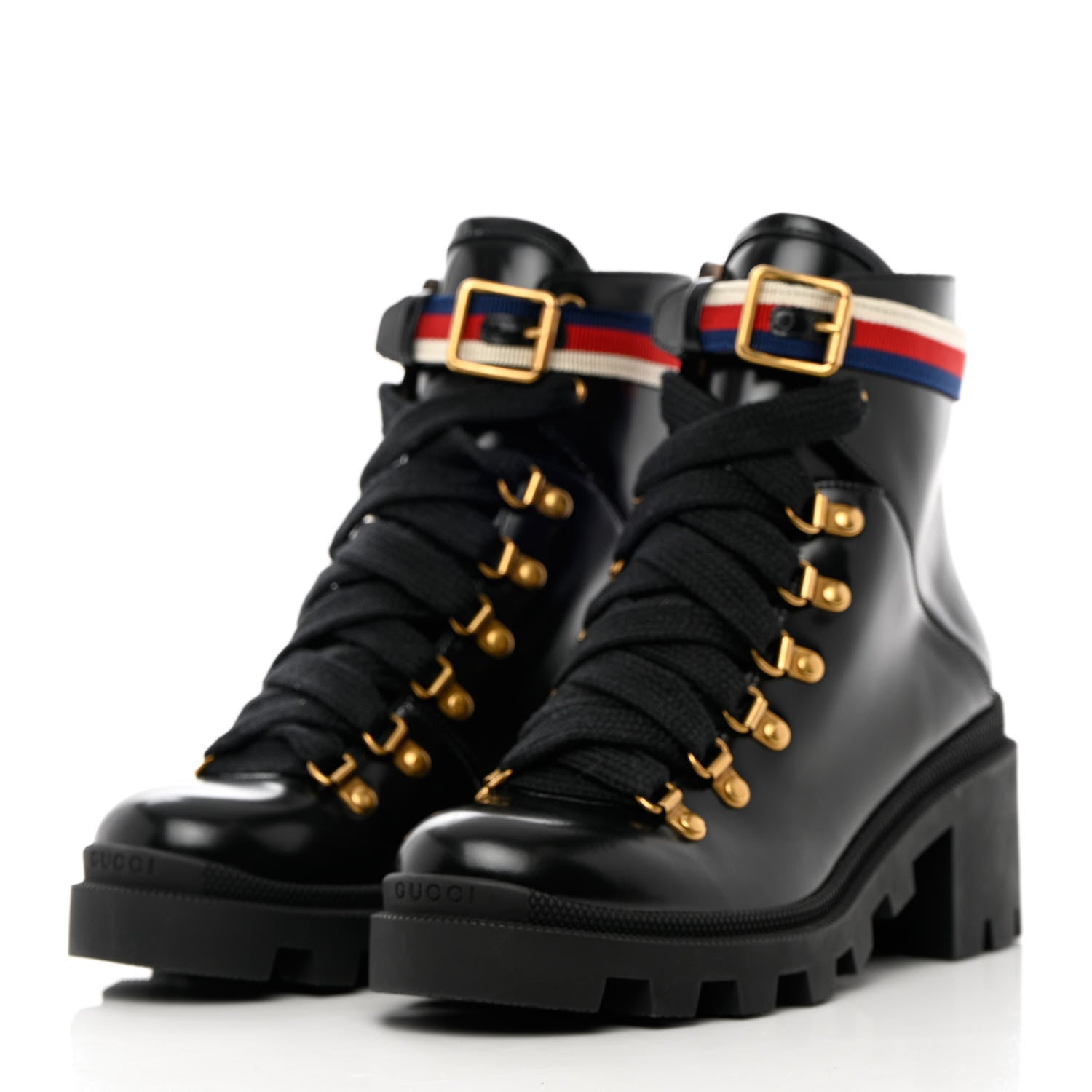 Gucci Calfskin Sylvie Web Womens Lace Up Combat Boots 37.5 Black 3 of 12