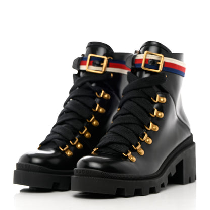 Gucci Calfskin Sylvie Web Womens Lace Up Combat Boots 37.5 Black 3 of 12