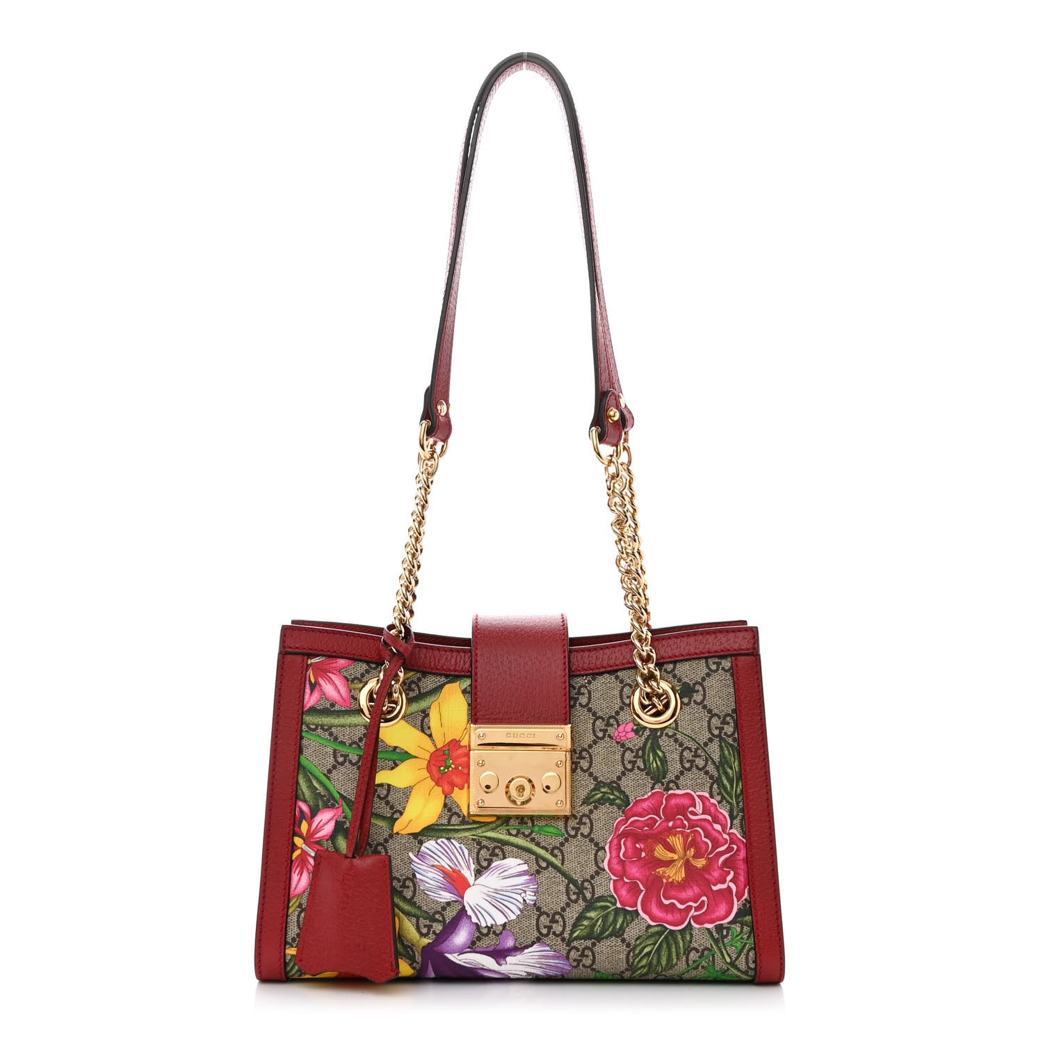 Gucci GG Supreme Monogram Flora Textured Calfskin Small Padlock Tote Red 1 of 12