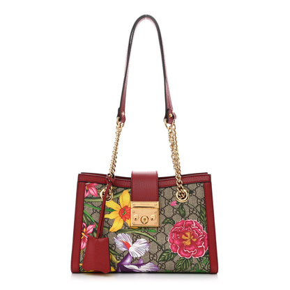 Gucci GG Supreme Monogram Flora Textured Calfskin Small Padlock Tote Red 1 of 12