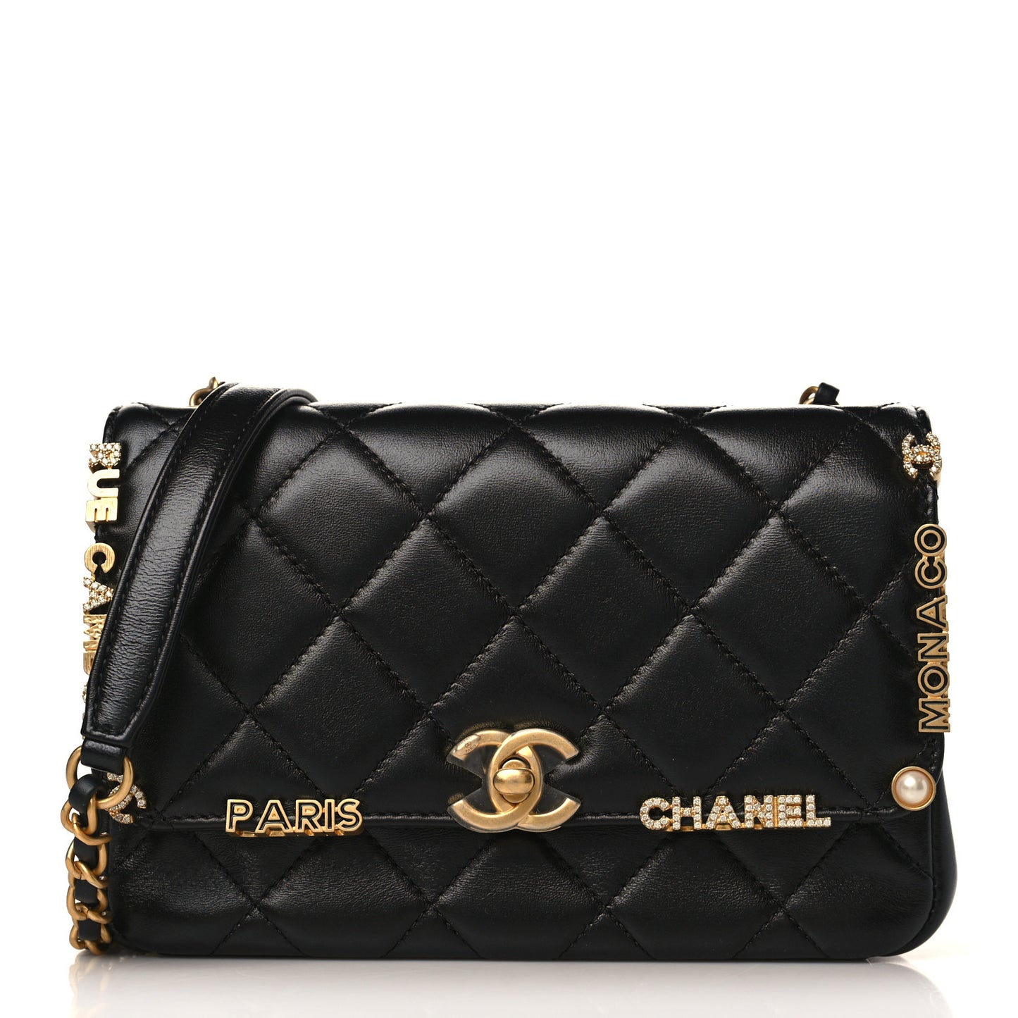 Lambskin Enamel Strass Quilted Mini Paris Monaco Flap Black