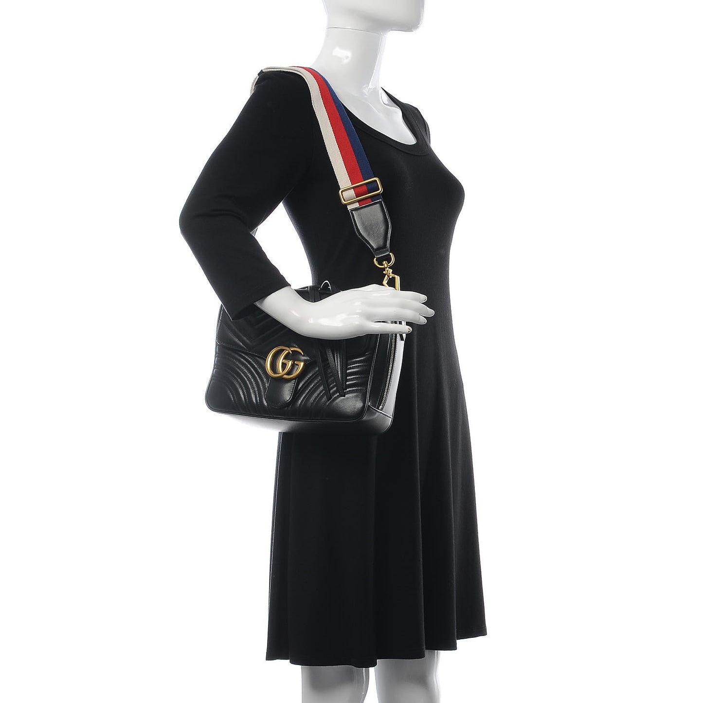 Calfskin Matelasse Sylvie Web Small GG Marmont Top Handle Shoulder Bag Black