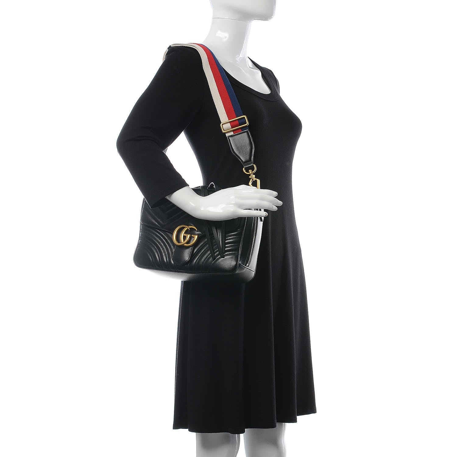 Gucci Calfskin Matelasse Sylvie Web Small GG Marmont Top Handle Shoulder Bag Black 2 of 8