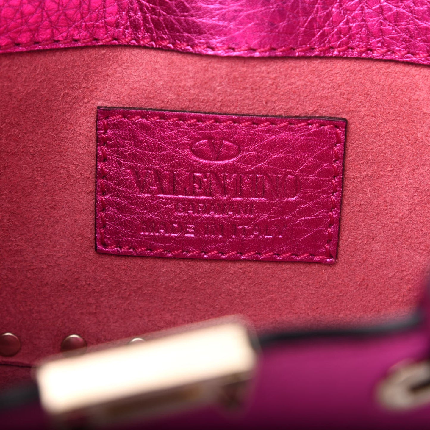 Metallic Pebbled Calfskin Micro Rockstud Tote Peony
