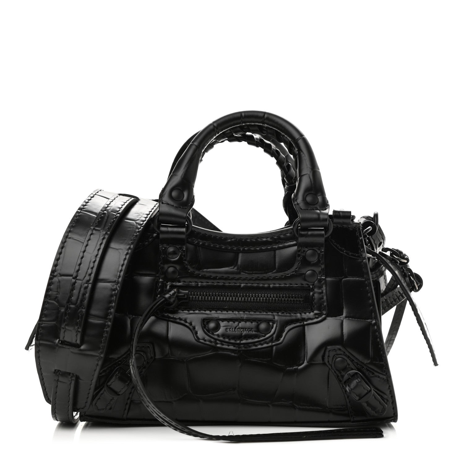 Balenciaga Semi Shiny Calfskin Crocodile Embossed Neo Classic Black Hardware Nano City Crossbody Black 1 of 9