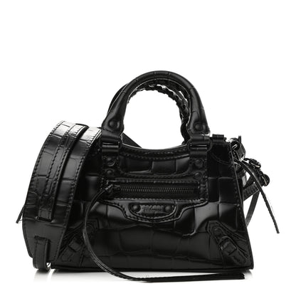 Balenciaga Semi Shiny Calfskin Crocodile Embossed Neo Classic Black Hardware Nano City Crossbody Black 1 of 9