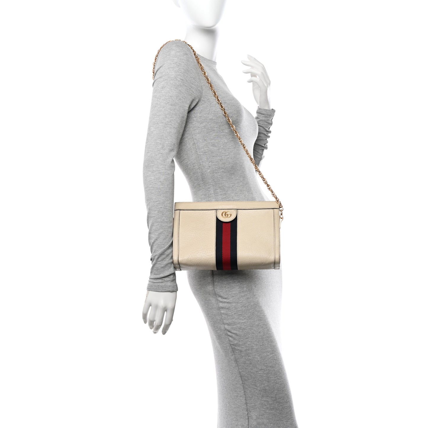 Textured Calfskin Web Small Ophidia Chain Shoulder Bag Mystic White