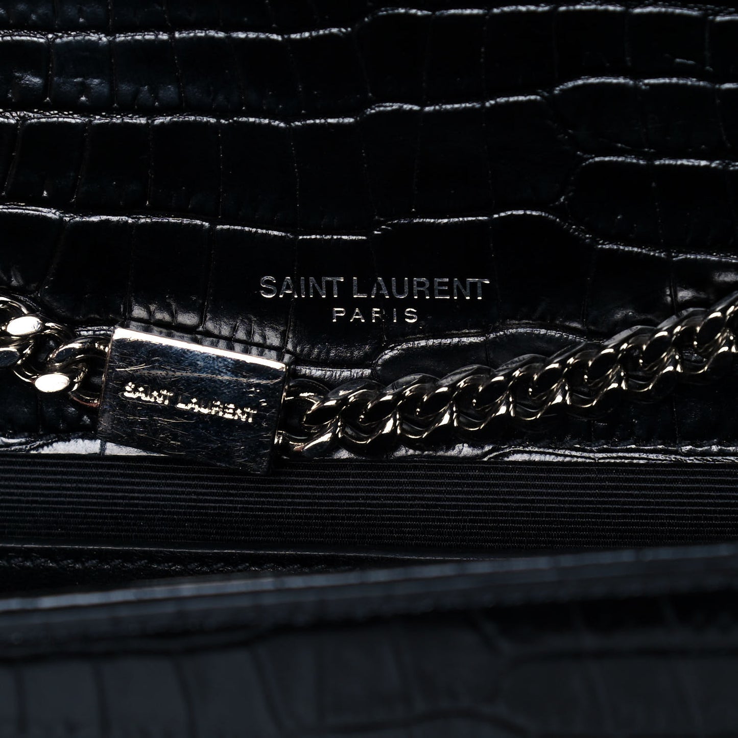 Calfskin Crocodile Embossed Small Classic Monogram Kate Tassel Satchel Black