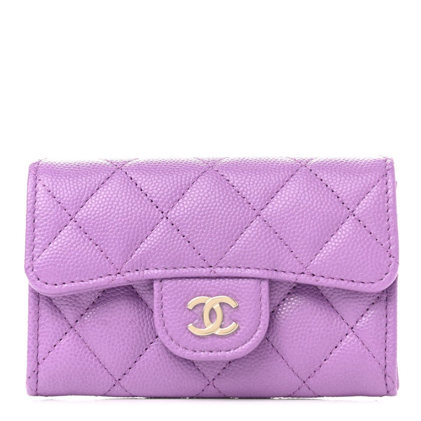 Caviar Quilted Flap Card Holder Wallet Purple