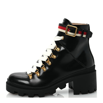Gucci Calfskin Sylvie Web Lace Up Combat Boots 37 Black 1 of 10