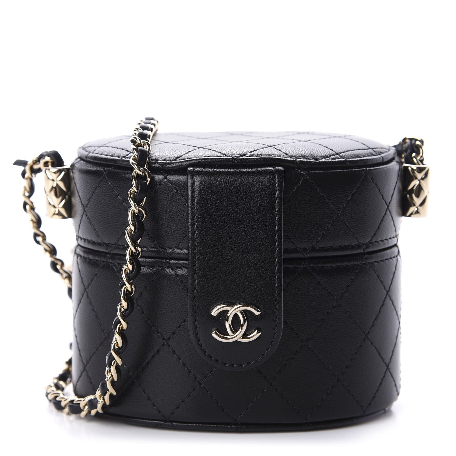 Chanel Lambskin Quilted Mini Round Vanity Case With Chain Black 1 of 12
