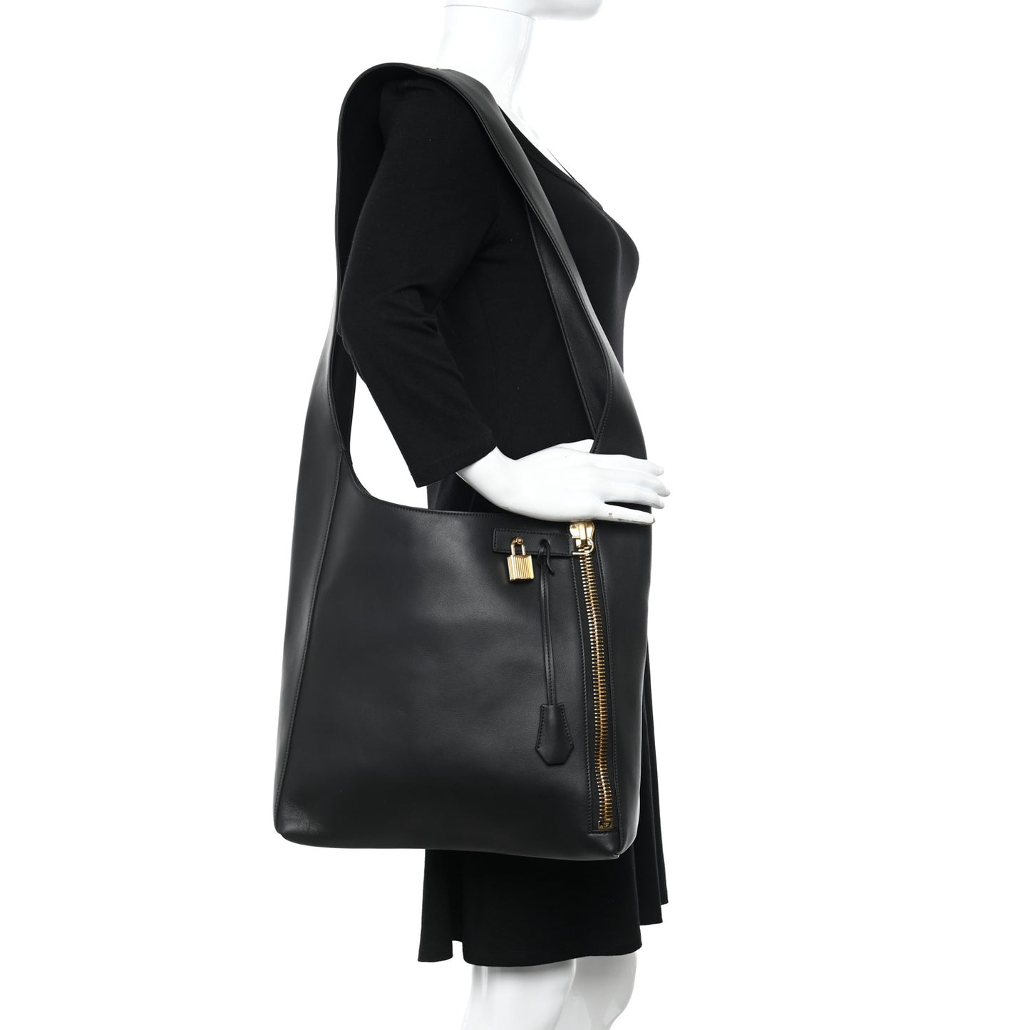 Calfskin Large Alix Padlock Zip Hobo Crossbody Bag Black