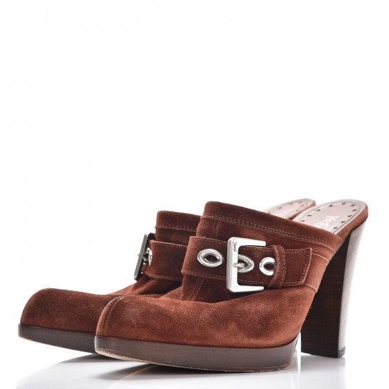 Suede Buckle Mules 38 Brown